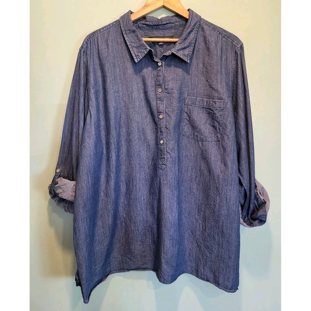 NWOT Tommy Hilfiger  Chambray Denim  Roll Tab Sleeve 1/2 Button Popover Top 2X